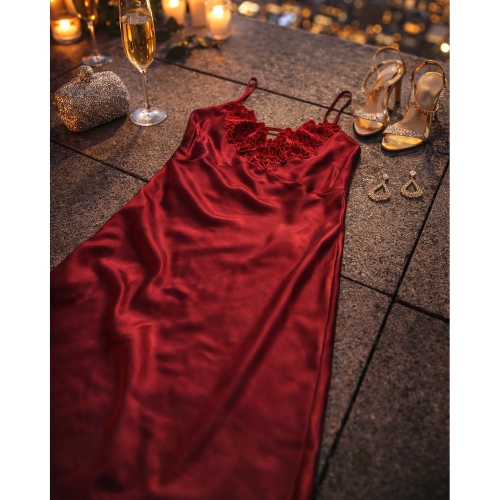 INC International Concepts Red Satin Velvet Trim Slip Dress Y2K Night Out Small